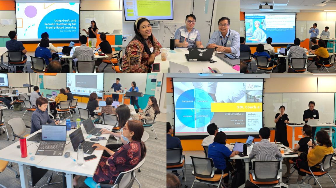 A collage of five photos from a training workshop. Presentations on 'Using GenAI and Socratic Questioning' and 'SDL Coach.ai' are shown on large screens. The photos capture trainers presenting to the room and participants working together on laptops at their tables.